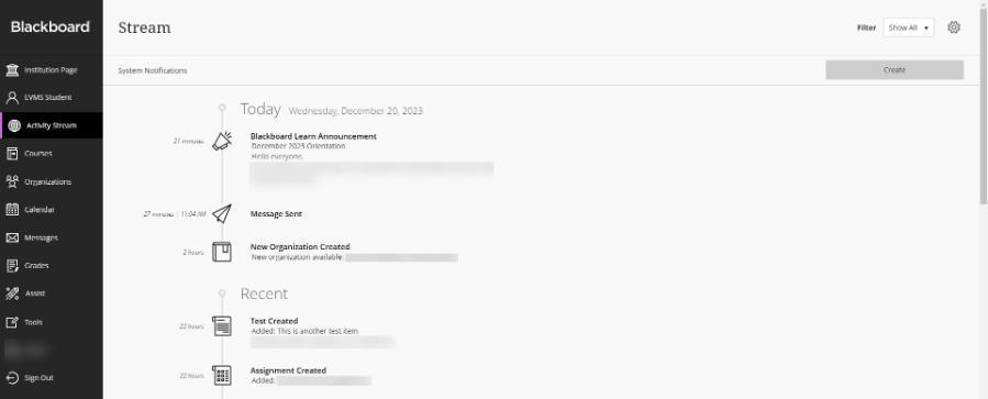 View of Blackboard Ultra Course Activity Stream