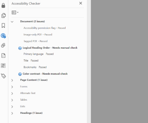 Screenshot showing the Adobe PDF Accessibility Checker results