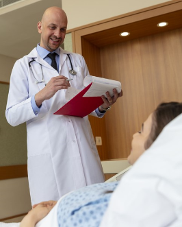 Shaved head hospitalist with female patient